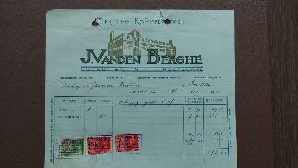 Anciennes factures Torréfacteur électrique Roeselaere 1940-4, Enlèvement ou Envoi