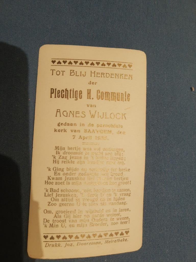 Plechtige communie, Agnes Wylock, 1935,  Baaigem, Verzamelen, Bidprentjes en Rouwkaarten, Ophalen of Verzenden