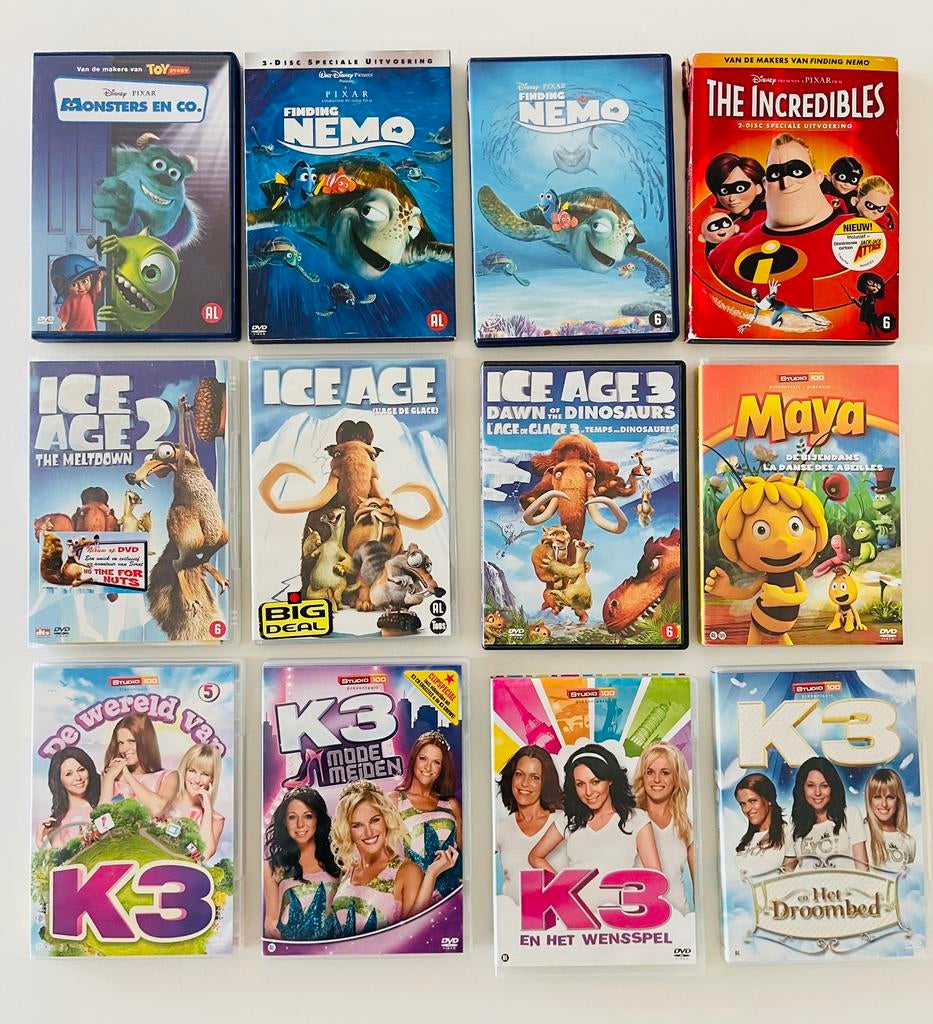 DVD’s kids : Nemo, Ice Age, Maya, K3, Monsters&co, Shrek ..., Cd's en Dvd's, Ophalen, Gebruikt