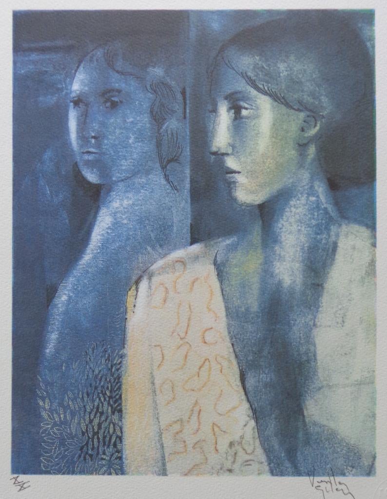 ROBERT VAN DER EYCKEN / SPIEGELBEELD / KLEURLITHO / 40x35cm, Antiquités & Art, Signé, Enlèvement ou Envoi