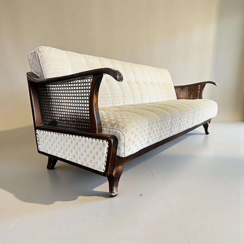 Vintage houten zetel / fauteuil / bank met rotan vlechtwerk, Antiek en Kunst, Ophalen of Verzenden