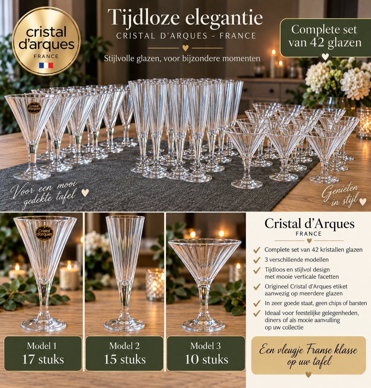 35 verres vintage en Cristal d'Arques — 3 modèles, Enlèvement, Comme neuf