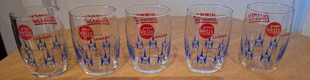 Set van 5 vintage limonadeglazen, Wells Lummen Limonade, Verzamelen, Ophalen of Verzenden, Zo goed als nieuw, Frisdrankglas