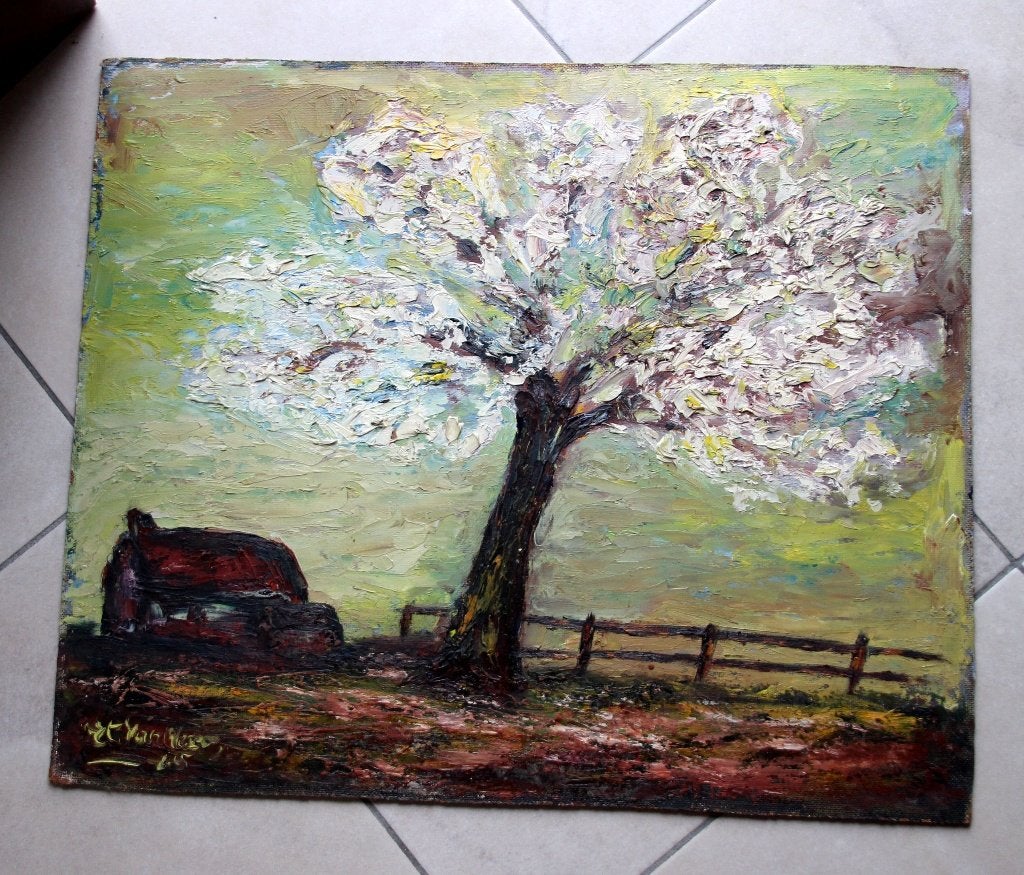schilderij olieverf abstract lente landschap, Antiek en Kunst, Ophalen of Verzenden