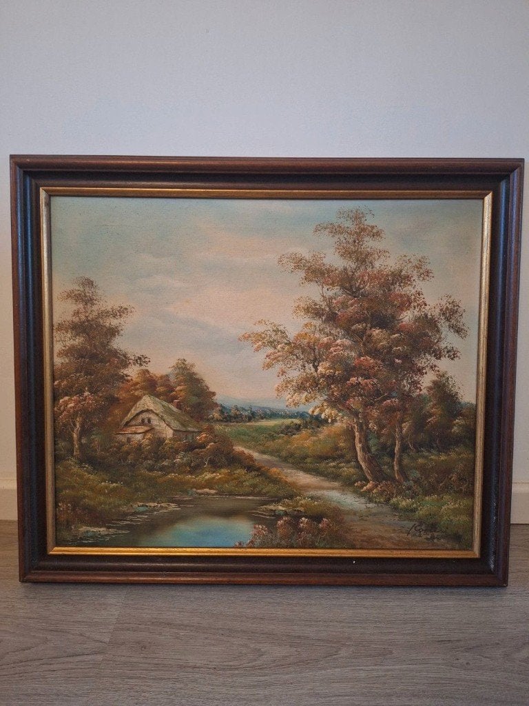 Schilderij Landschap met Huisje en Water, Antiquités & Art, Art | Peinture | Classique, Enlèvement ou Envoi, Peinture à l'huile