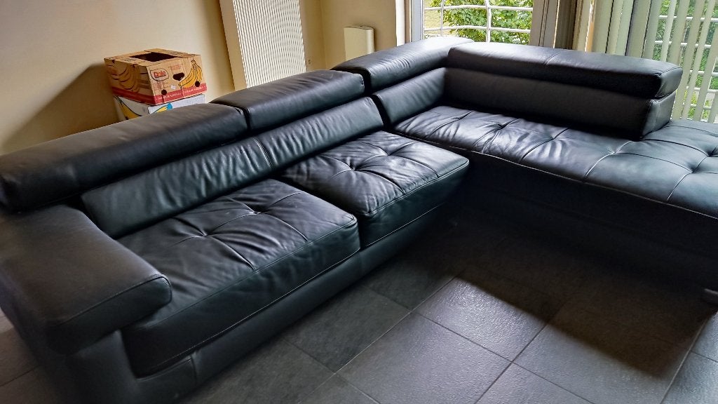 Recor lederen hoeksalon zwart, Huis en Inrichting, Zetels | Zetels en Chaises Longues, Zo goed als nieuw, Vierpersoons of meer