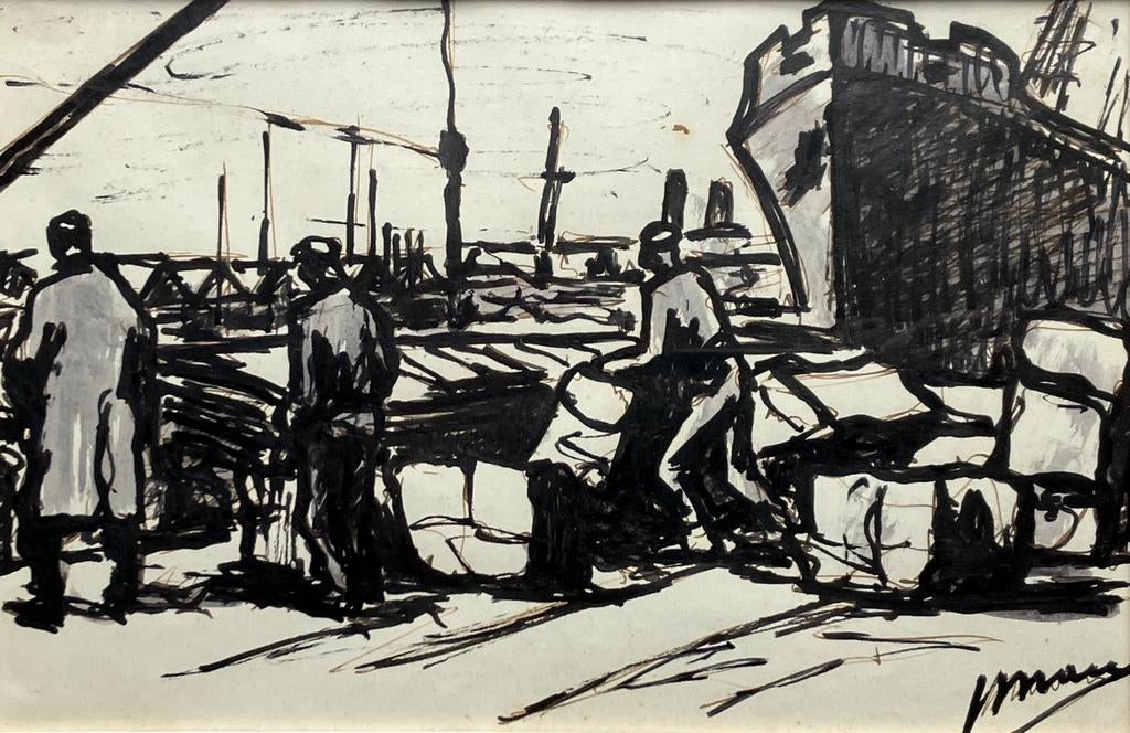 Inkttekening Jos Mous (1896-1968) Havenarbeiders, Antiek en Kunst, Ophalen