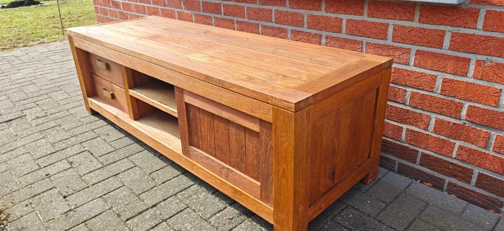 Robuust houten tv-meubel met laden en schuifdeur, Huis en Inrichting, Ophalen, Gebruikt, 150 tot 200 cm, Minder dan 100 cm