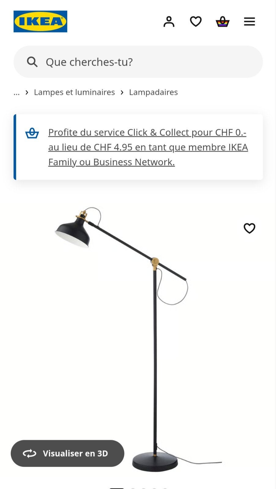 Ikea Lampadaire liseuse Ranarp, Enlèvement, Textile