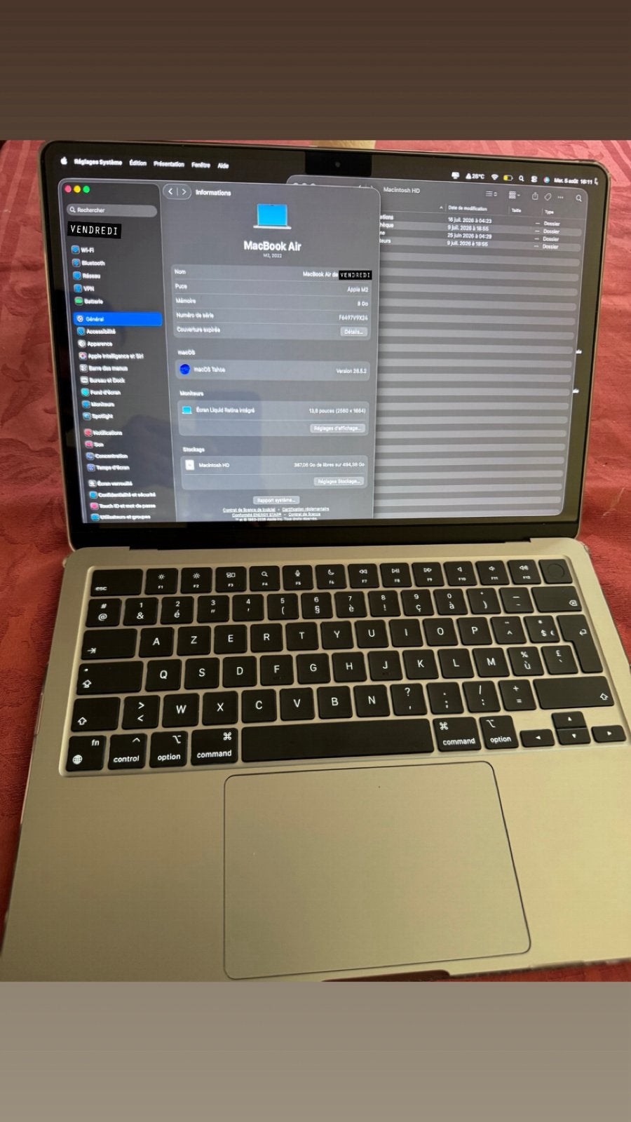 Macbook air M2, Enlèvement, Comme neuf, Azerty, MacBook
