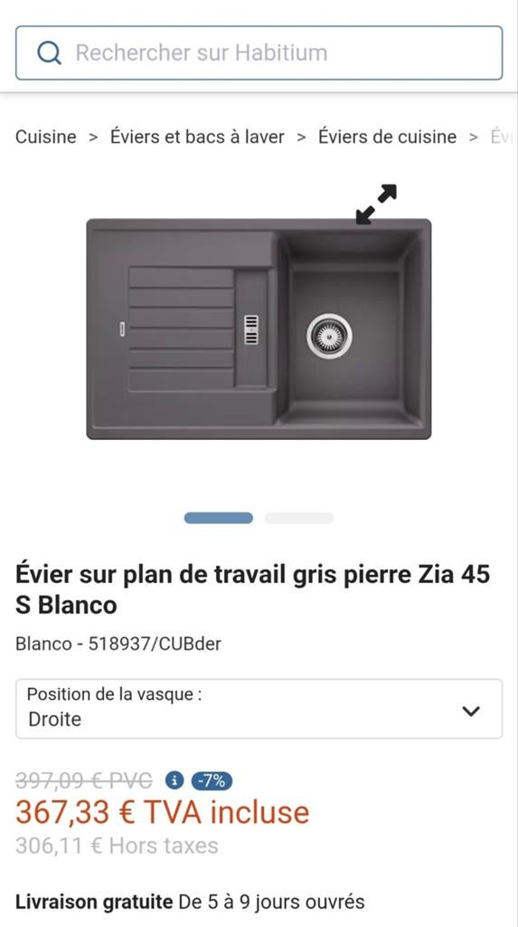 Evier Blanco Silgranit 78cm couleur gris pierre NEUF, Bricolage & Construction, Neuf