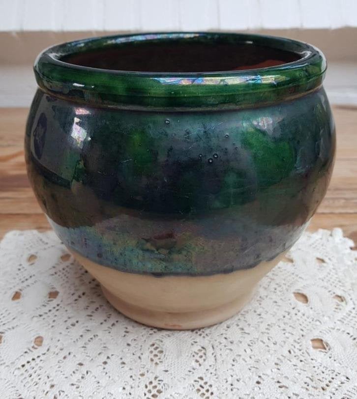 Terra cotta pot met groene glazuur, Ophalen of Verzenden