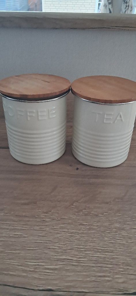 2 ecru voorraadpotten hoogte 12 cm, Huis en Inrichting, Ophalen, Overige materialen, Gebruikt, Overige merken
