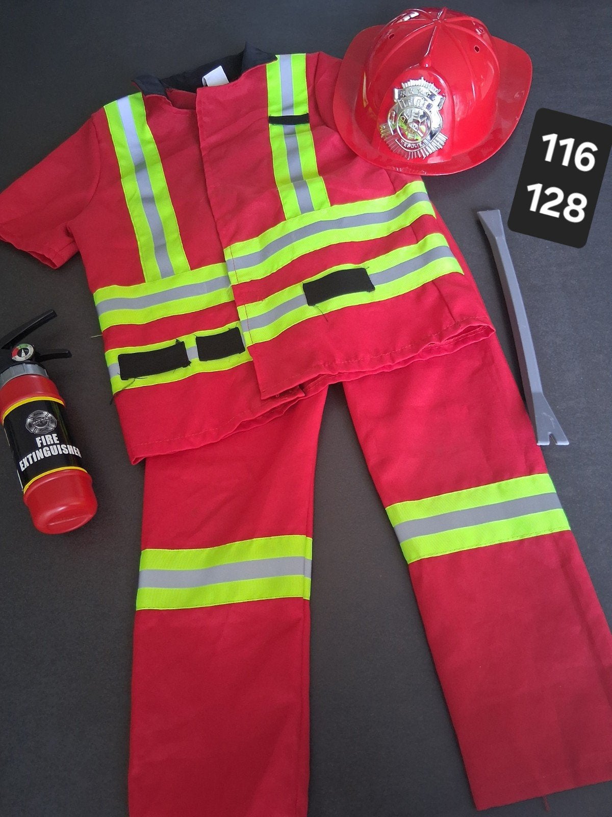 Verkleedkledij pak brandweer met attributes maat 116 128, Ophalen of Verzenden