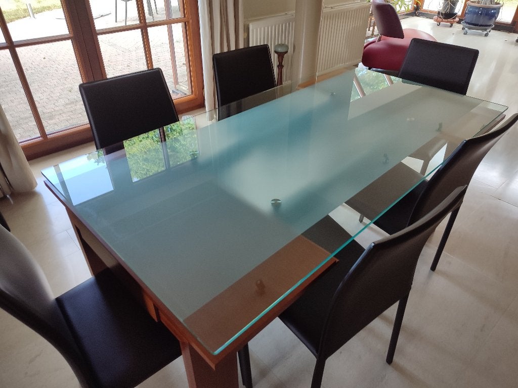 Table de salle à manger extensible verre et bois, Autres essences de bois, Comme neuf, Enlèvement, 50 à 100 cm