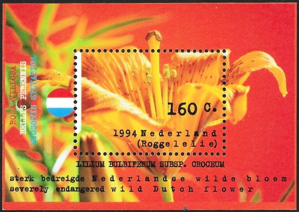 Pays-Bas 1994, bloc-feuillet sur le thème des fleurs, Michel, Envoi, Non oblitéré, Animal et Nature