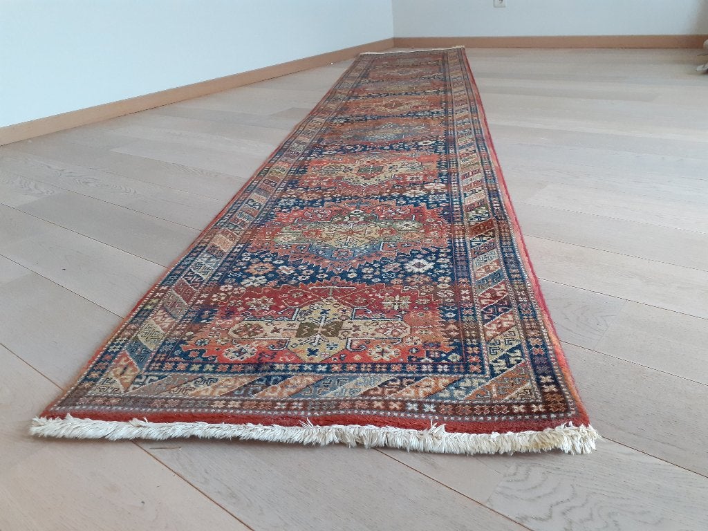 Authentique tapis persan Karaja noué à la main - 355x70 cm, Maison & Meubles, 200 cm ou plus, Jaune, Enlèvement, Utilisé
