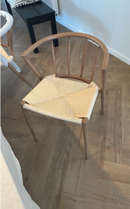 6 eetkamerstoelen in eikenhoutlook met gevlochten zitting, Ophalen, Kunststof, Bruin, Nieuw