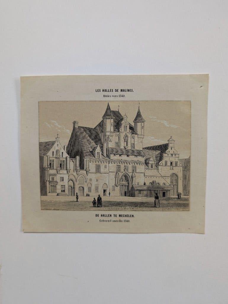 houtgravure_de hallen van Mechelen, Antiek en Kunst, 1800 - 1899, Architectuur, Ophalen of Verzenden, Gravure
