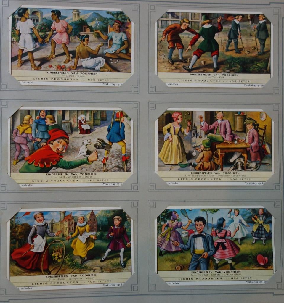 Set Liebig Prenten Kinderspelen van voorheen (1961)., Verzamelen, Ophalen of Verzenden, Zo goed als nieuw, 1940 tot 1960, Prent