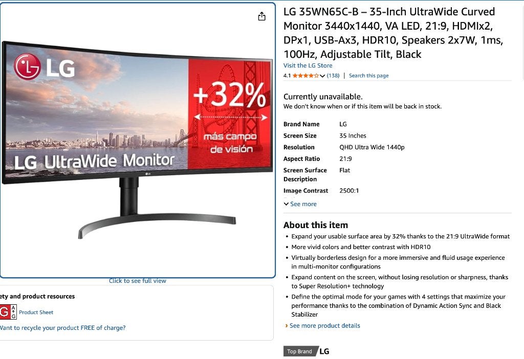 LG 35WN65C-B – 35-Inch UltraWide Curved Monitor, Computers en Software, HDMI, Minder dan 1 ms, Zo goed als nieuw, 61 t/m 100 Hz