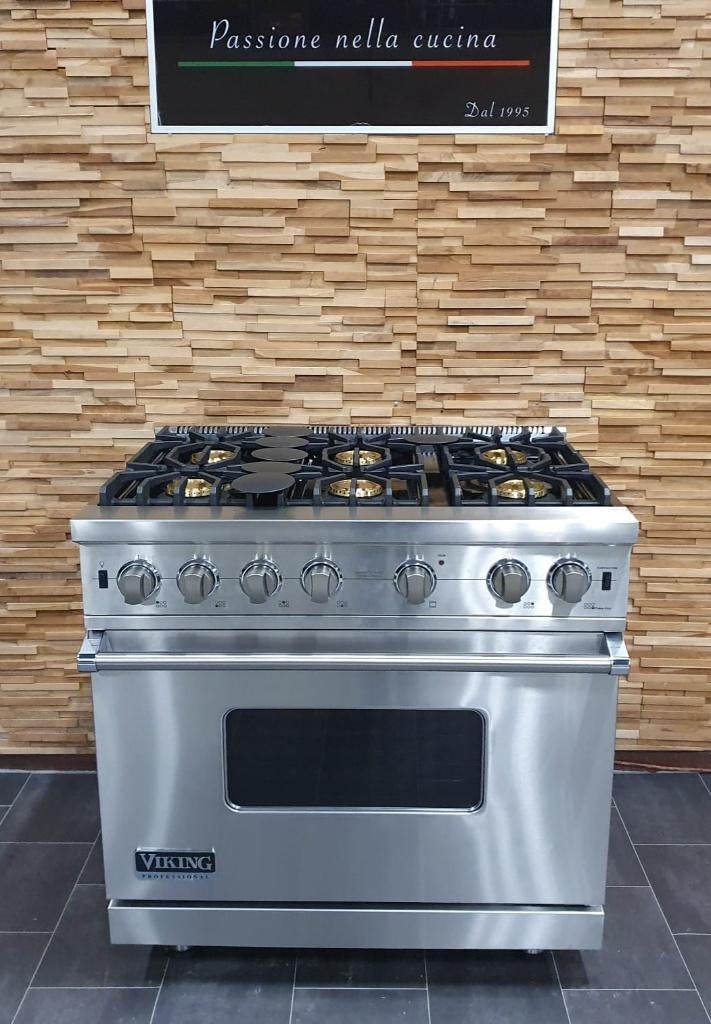 Luxe Viking Fornuis 90cm RVS 6 pits GASOVEN, Gaz, Classe énergétique A ou plus économe, Comme neuf, Enlèvement