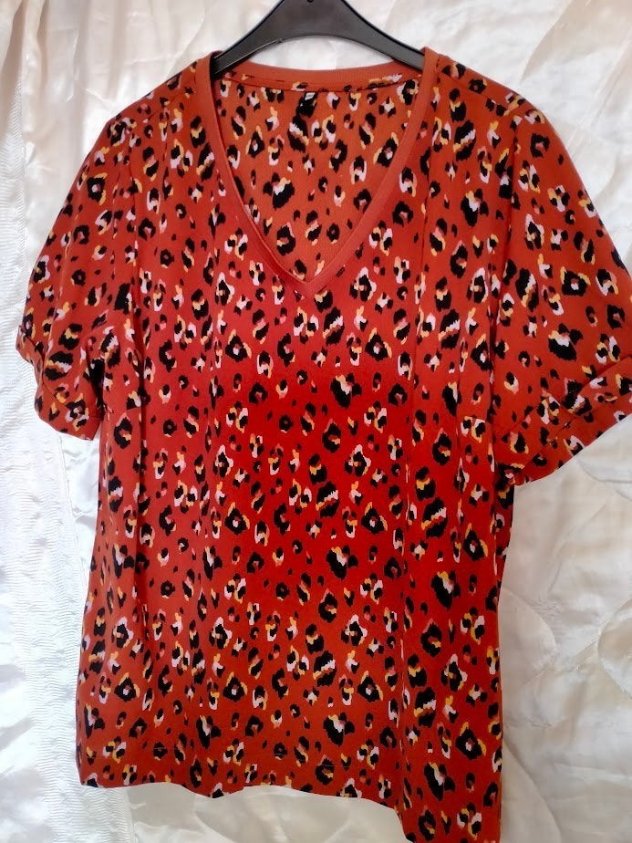 T-shirt,V-hals,roestbruin met dierenprint,maat: L., Kleding | Dames, Overige kleuren, Maat 42/44 (L), Nieuw, Ophalen of Verzenden