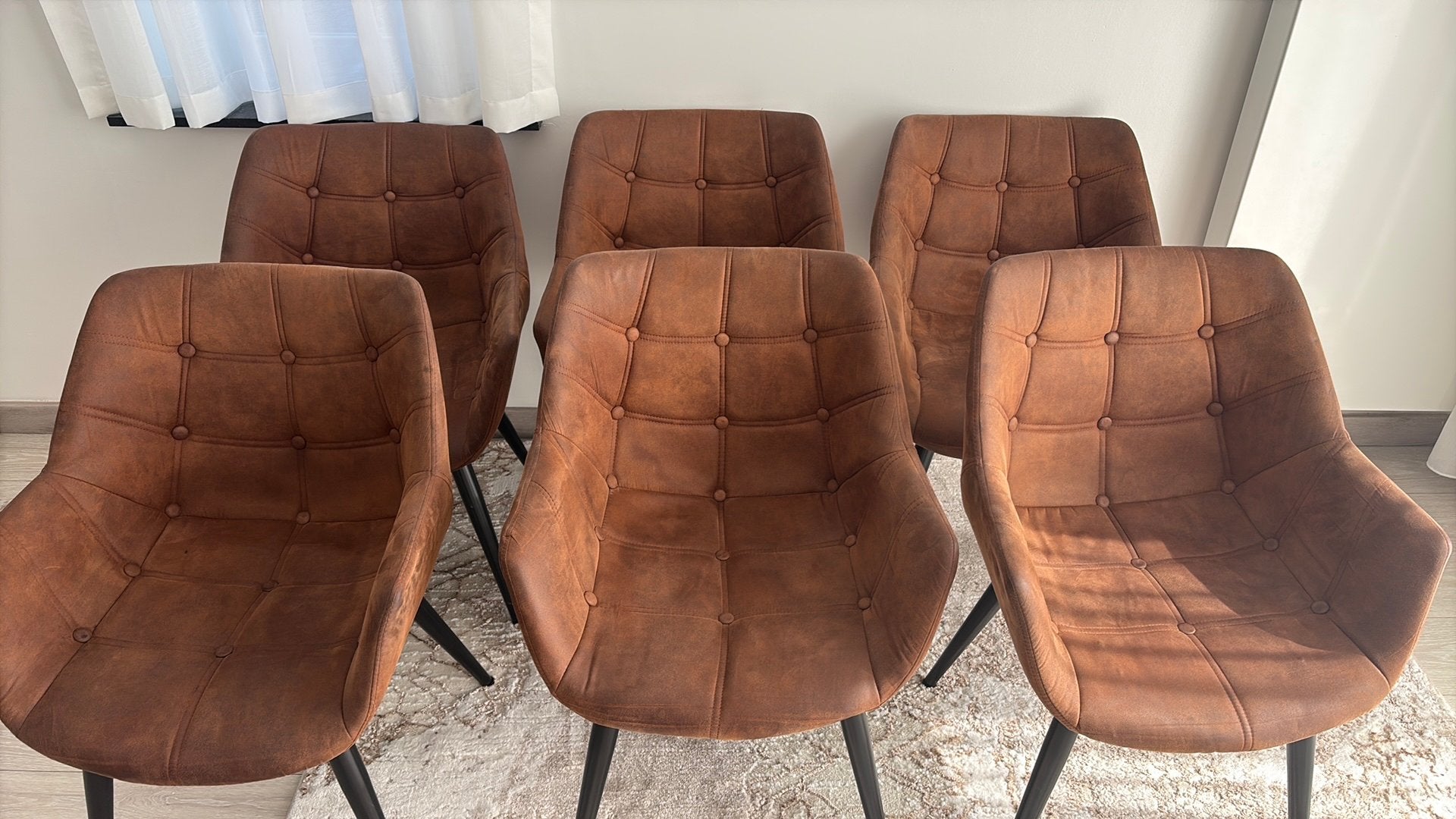 Set van 6 bruine leren stoelen, 5 krukken of meer, Ophalen, Zo goed als nieuw, Leer
