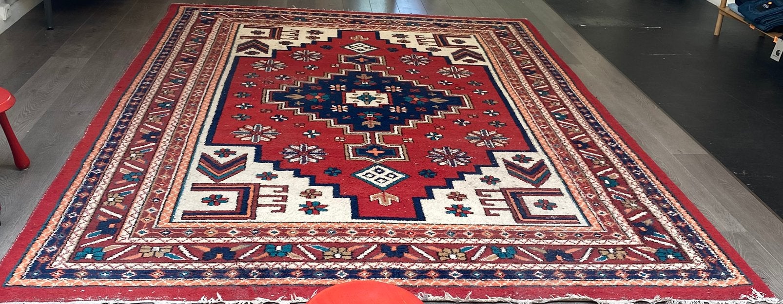 Handgeknoopt Wollen Kazak Tapijt 370  250 cm, Ophalen, Gebruikt, Blauw, 200 cm of meer
