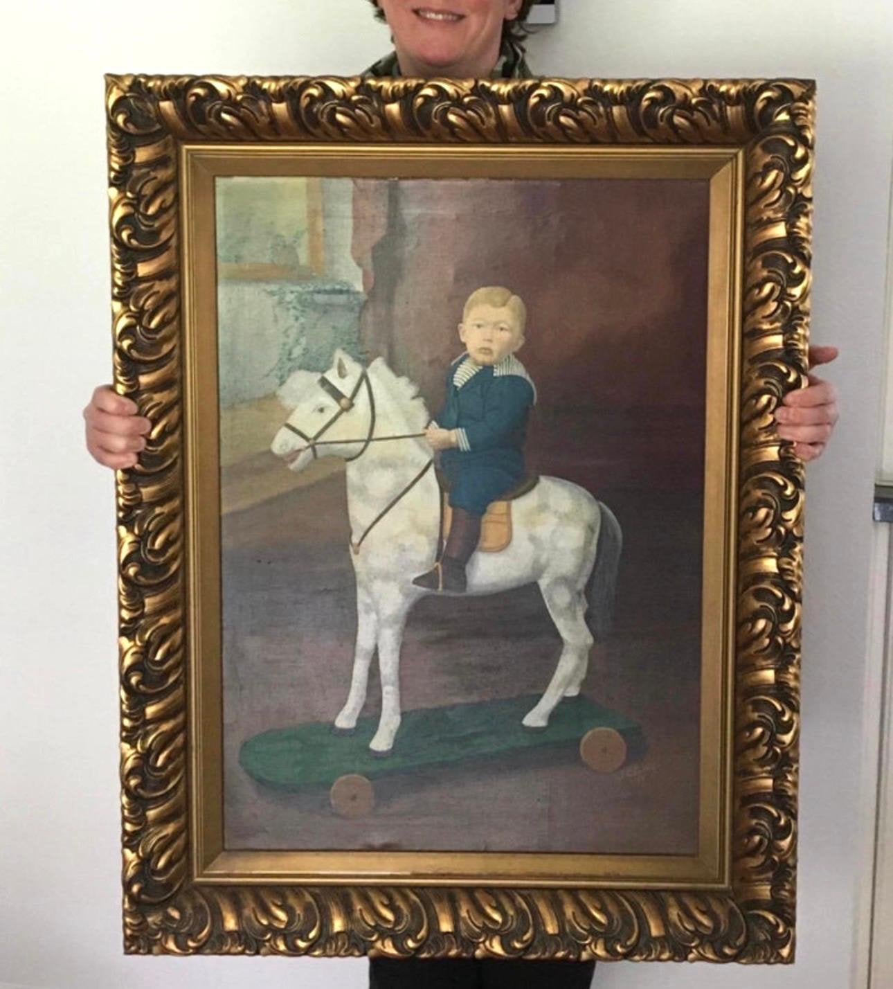 Peinture ancienne Garçon à cheval - 1939 - J. Geerts, Antiquités & Art, Peinture à l'huile, Enlèvement, Œuvre originale, Portrait ou Personnes