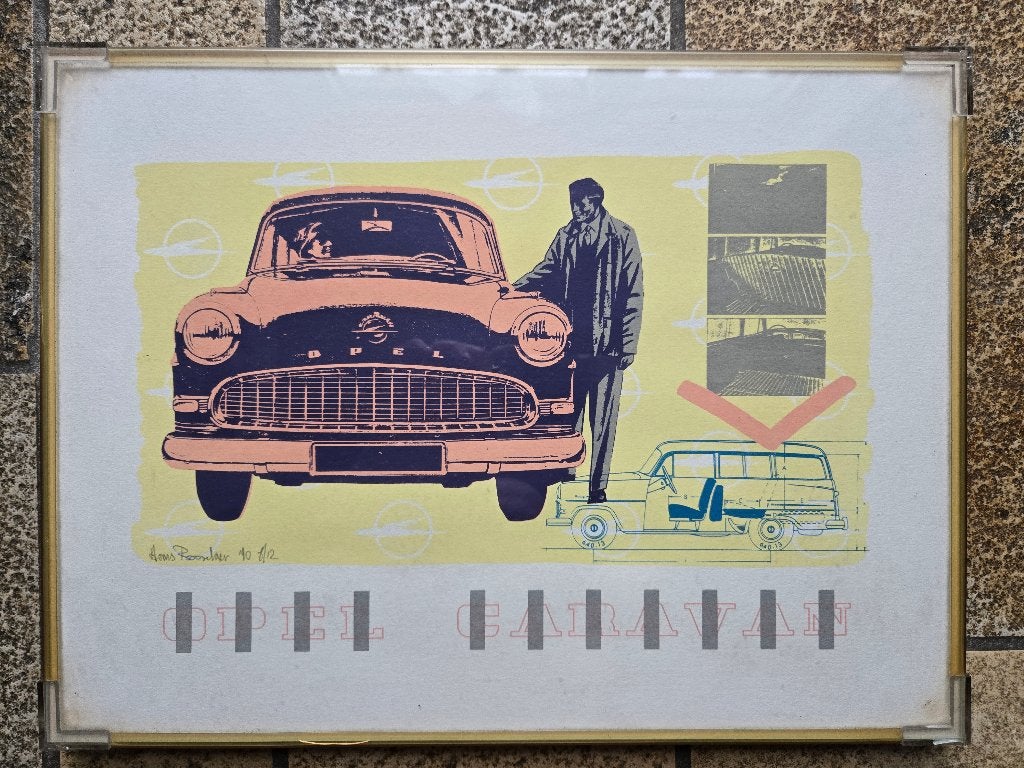 oldtimer Opel Caravan jaren 50 zeefdruk 8/12 kunstwerk, Gesigneerd, Ophalen of Verzenden, Overige onderwerpen, Zeefdruk