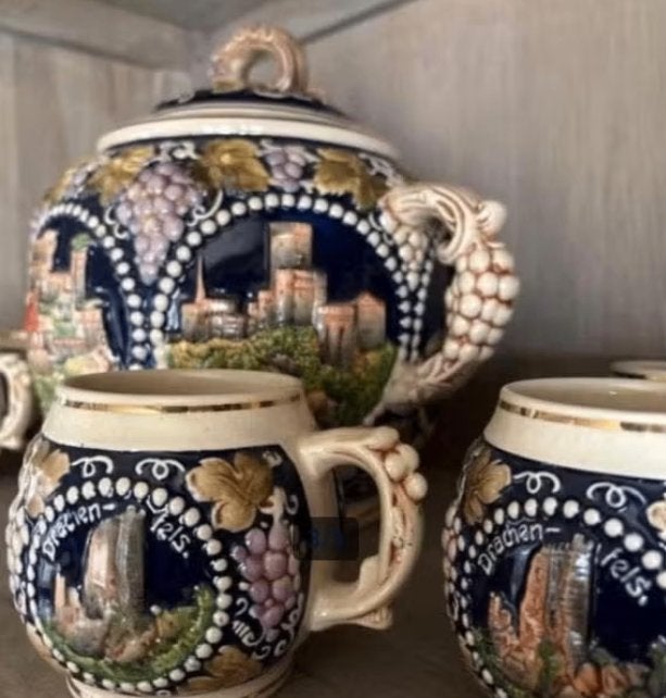 Vintage keramische punch pot met 6 tassen, Ophalen of Verzenden