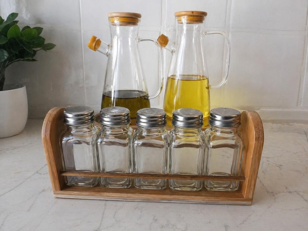 Lot de bouteilles en verre pour huile et vinaigre + set de p, Maison & Meubles, Enlèvement ou Envoi, Bois