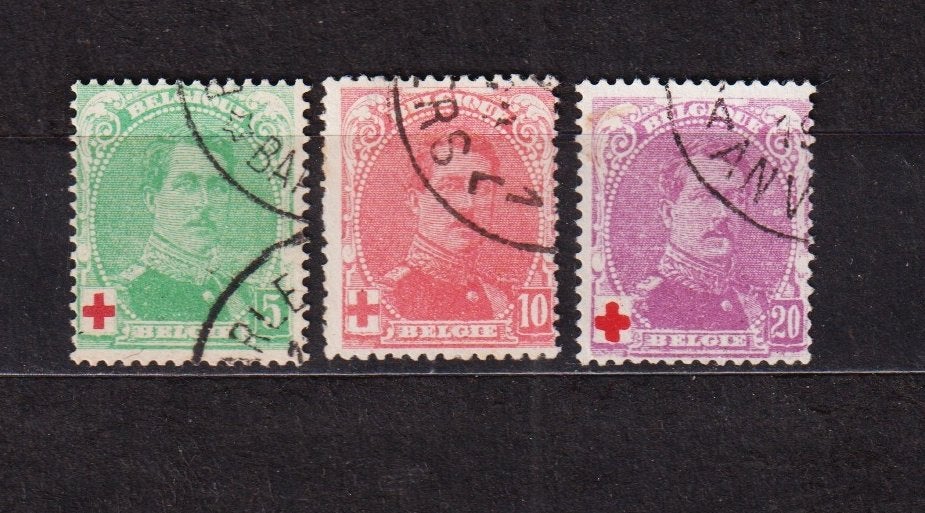 België 1914 OBP 129/131 Rode kruis gestempeld, Ophalen of Verzenden, Gestempeld, Rode kruis, Gestempeld
