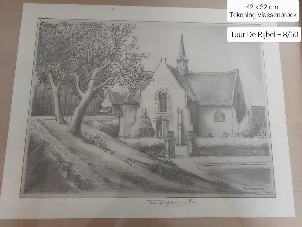 Kerk Vlassenbroek - kunstenaar Tuur De Rijbel 42 x 32 cm, Antiquités & Art, Art | Dessins & Photographie, Enlèvement ou Envoi