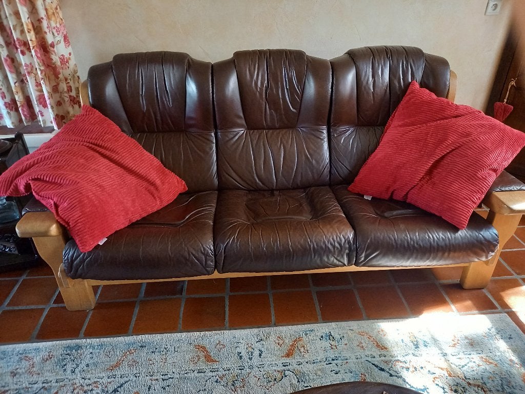 Lederen Salon Bruin., Ophalen, Gebruikt, Retro., Driepersoons