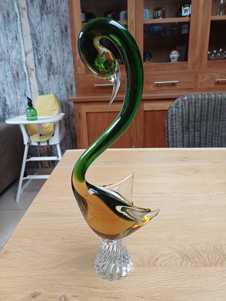 vintage murano zwaan groen amber sommerso H37 cm 1960, Ophalen