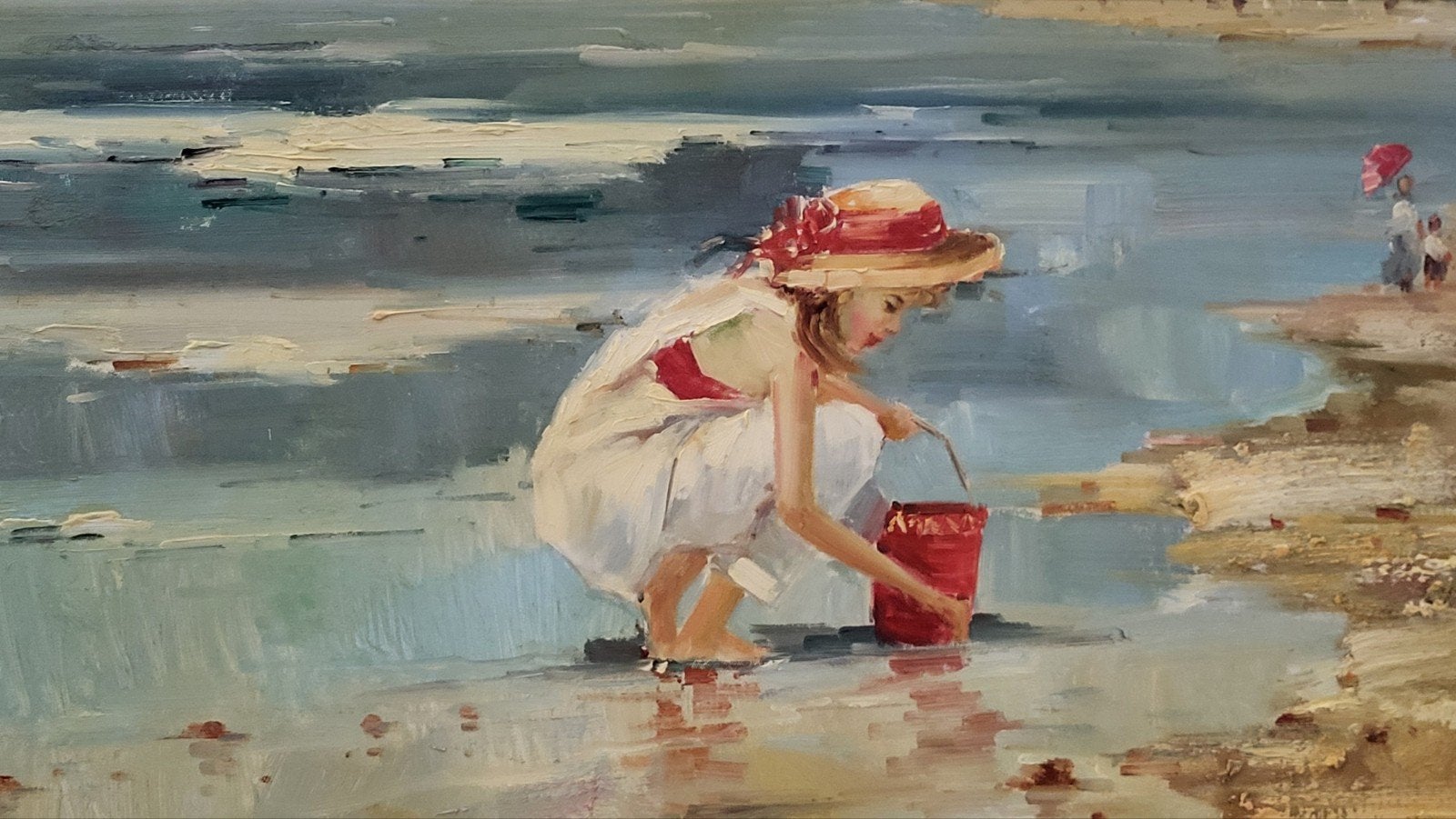 Gesigneerd olieverf strandtafereel, Antiek en Kunst, Kunst | Schilderijen | Modern, Ophalen, Gesigneerd, Olieverf, Landschap