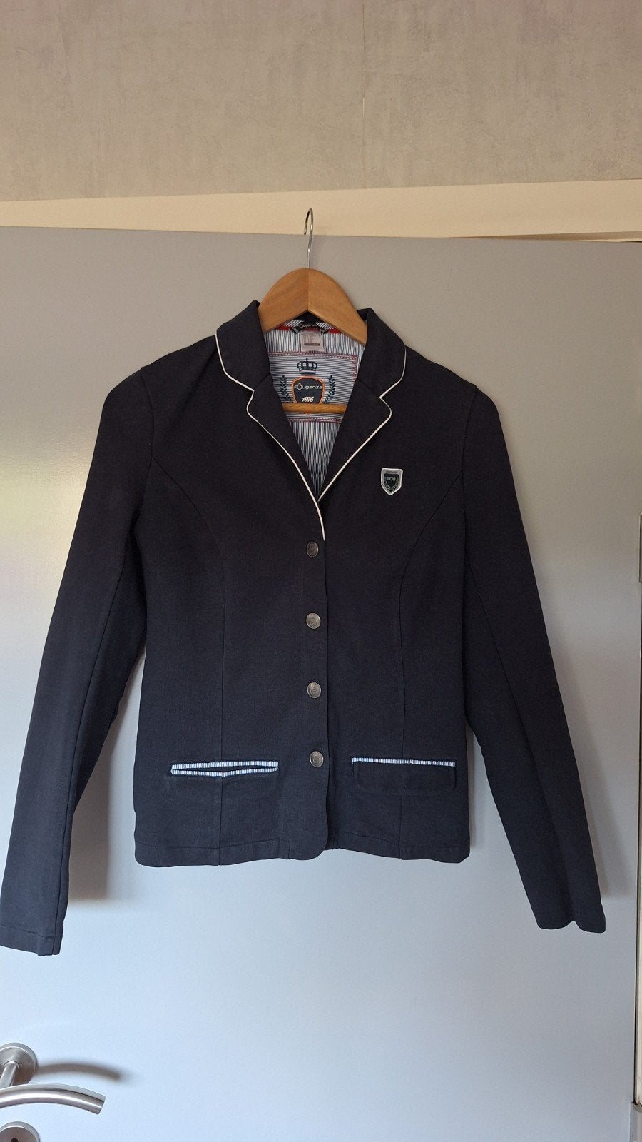 donkerblauw wedstrijd jas, Ophalen, XS