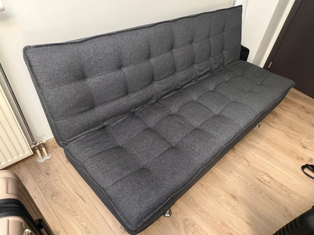 Slaapbank / Zetelbed / Driezit in goede staat - grijs stof, Maison & Meubles, Canapés | Salons, Comme neuf, Banc droit, Trois personnes