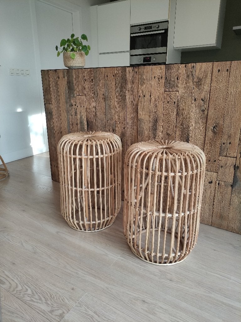 Set van 2 rotan bijzettafels/ krukjes/ huwelijksdecoratie, 2 krukken, Ophalen, Zo goed als nieuw, 30 tot 60 cm