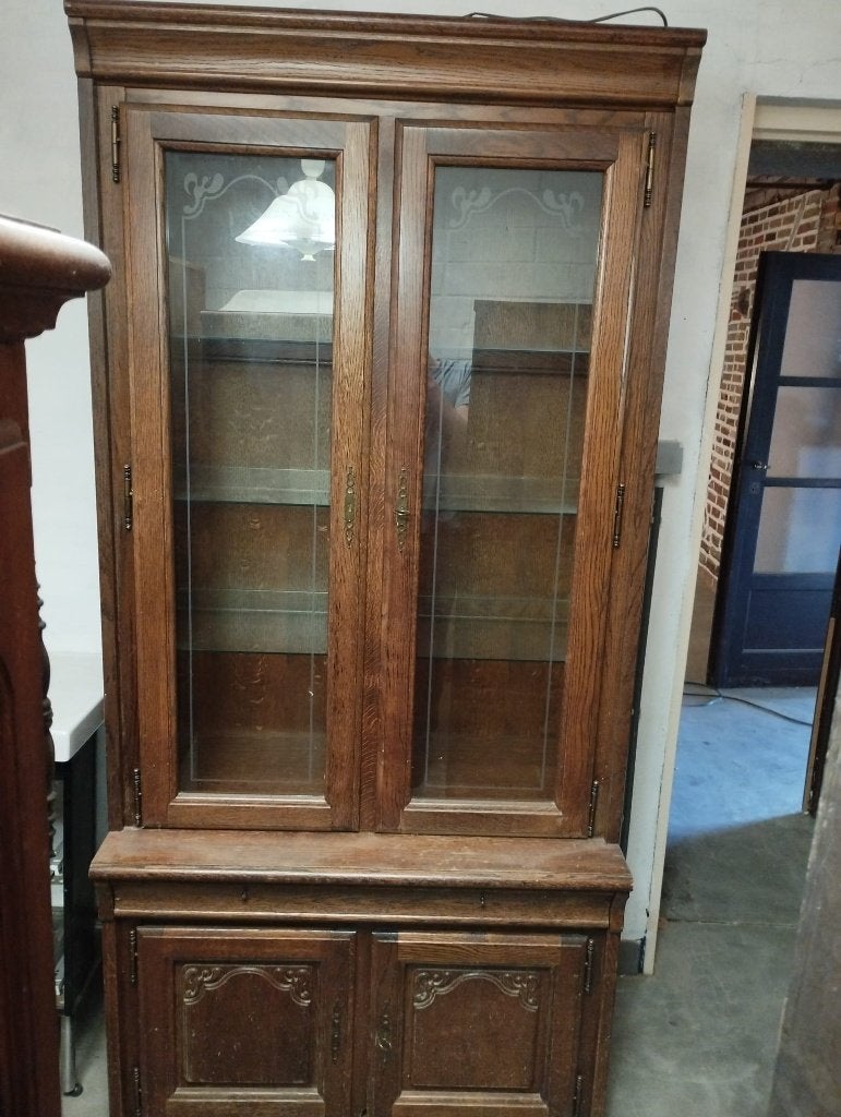 Houten kledingkast met glazen deuren — in 2 delen, Huis en Inrichting, Ophalen, Gebruikt, 100 tot 150 cm, 200 cm of meer