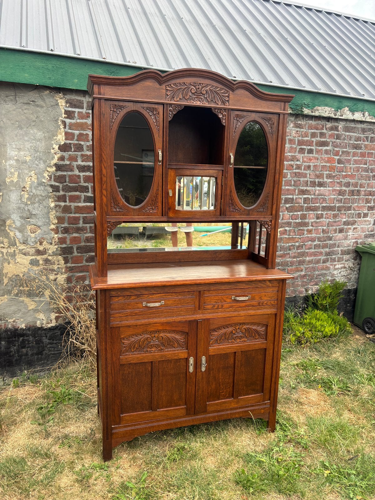 antieke eikenhouten buffetkast  art-decostijl, Ophalen, Zo goed als nieuw, Glas