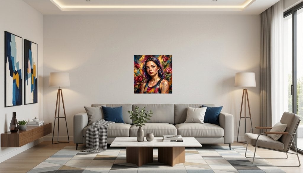 Peinture impressionniste "La Miss aux roses" - (60x60 cm), Antiquités & Art, Impression, Signé, Enlèvement ou Envoi, Métal