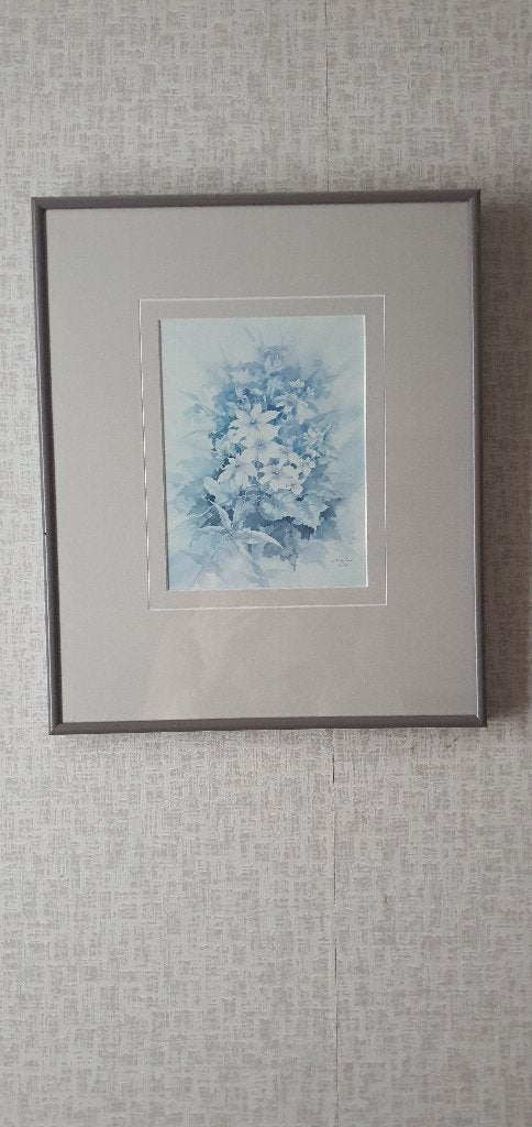Ingelijste aquarel van bloemen in blauwtinten, Achter glas, Aquarel, Vintage, Ophalen
