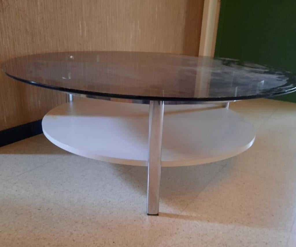 Ronde salontafel in glas, Huis en Inrichting, Ophalen, Gebruikt, 100 tot 150 cm, Rond