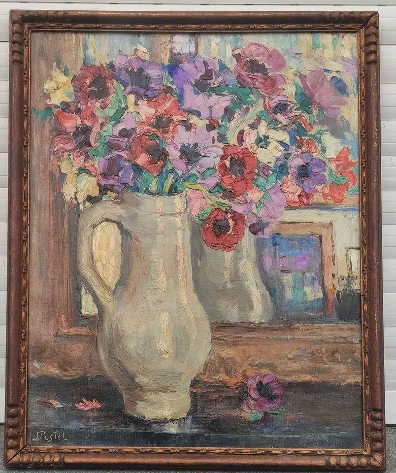 huile sur toile fleur signe jules postel, Antiek en Kunst, Ophalen of Verzenden, Doek