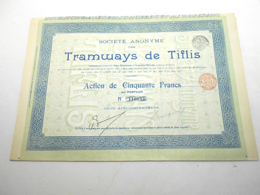 action "Tramways de Tiflis "(Tbilissi ,Georgie ) 1901, Postzegels en Munten, Aandelen en Waardepapieren, Ophalen of Verzenden