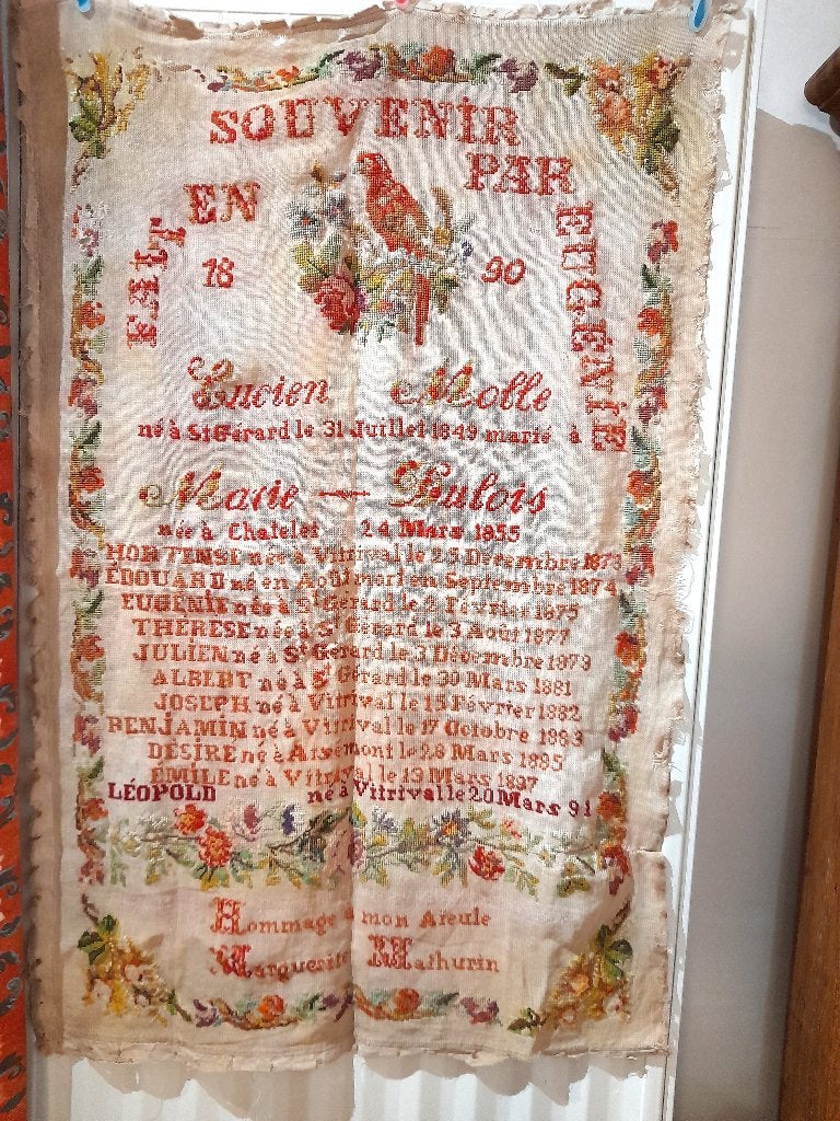 ancien marquoir brodé en 1890, couple ayant eu 11 enfants, Antiquités & Art, Enlèvement ou Envoi