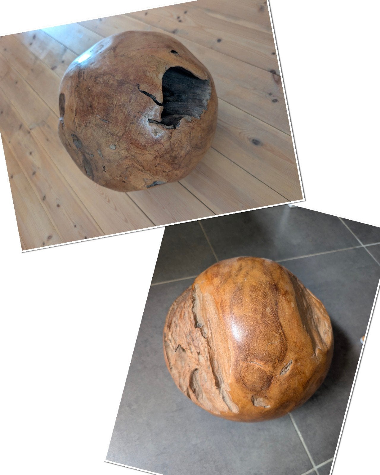 2 Boules en bois exotiques +-35cm, Enlèvement